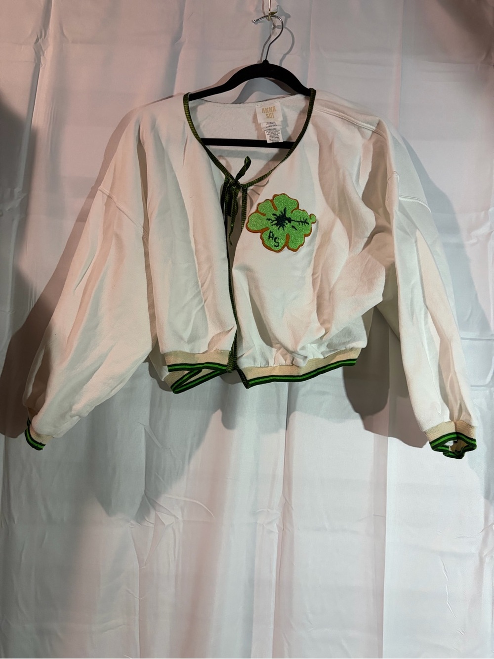 Anna Sui White Cropped Cardigan with Green Trim and Clover Patch